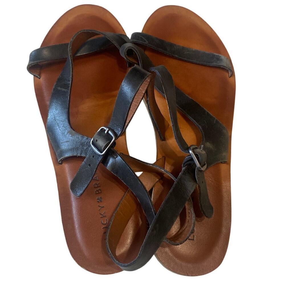 Lucky Brand Leather Gladiator Sandals Black Strappy Flat Boho Festival Size 9